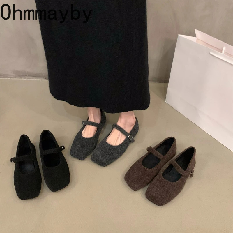 Autumn Woolen Fur Women Cotton Flats Shoes Concise Outdoor Soft Sole Shoes Ladies Comfort Square Toe Warm Mary Jane Shoes 251013