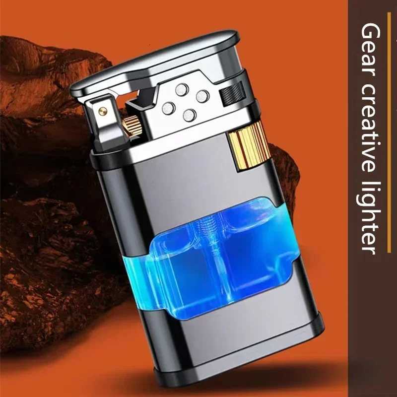 Metal Transparent Windproof Butane Gas Torch Lighter Classic Grinding Wheel Ignition Turbo Jet Blue Flame Cigar Lighters Gadgets C251016