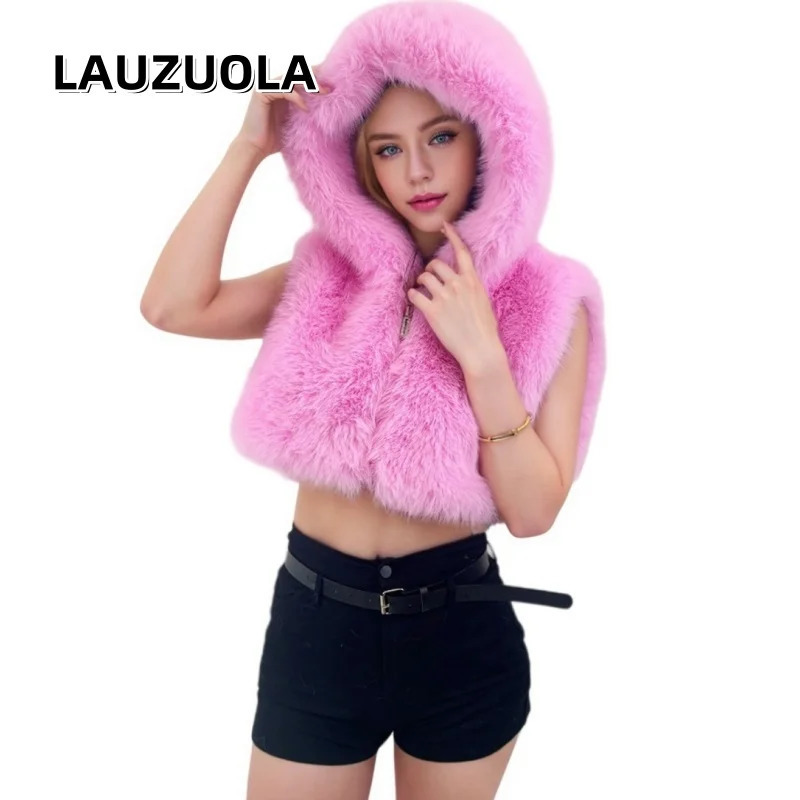 Sexy Faux Fur Hooded Cropped Vest Tops Spice Girl Autumn Winter Fashion Elegant Women Sleeveless Short Vest Jackets 251015