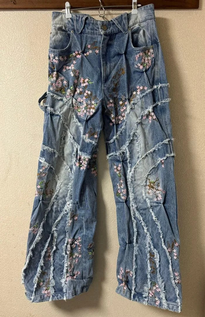 American Vintage Y2K Cherry Blossom Embroidered Jeans Women Men Washed Blue Distressed Baggy Jeans Mid Rise Wide Leg Trousers 251014