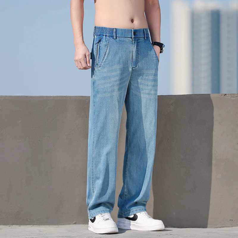 Mens Lyocell Loose Straight Wide Leg Denim Jeans 2025 Summer Autumn Thin Breathable Stretch Waist Casual Pants Plus Size 38 J251016
