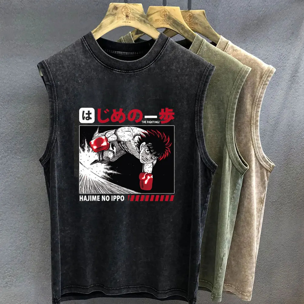 Mens Tank Top Anime Hajime No Ippo Graphic Tshirt Print Oversized Gym Clothing Vintage Wash Sleeveless Vest Womens Y2k Clothes 251015