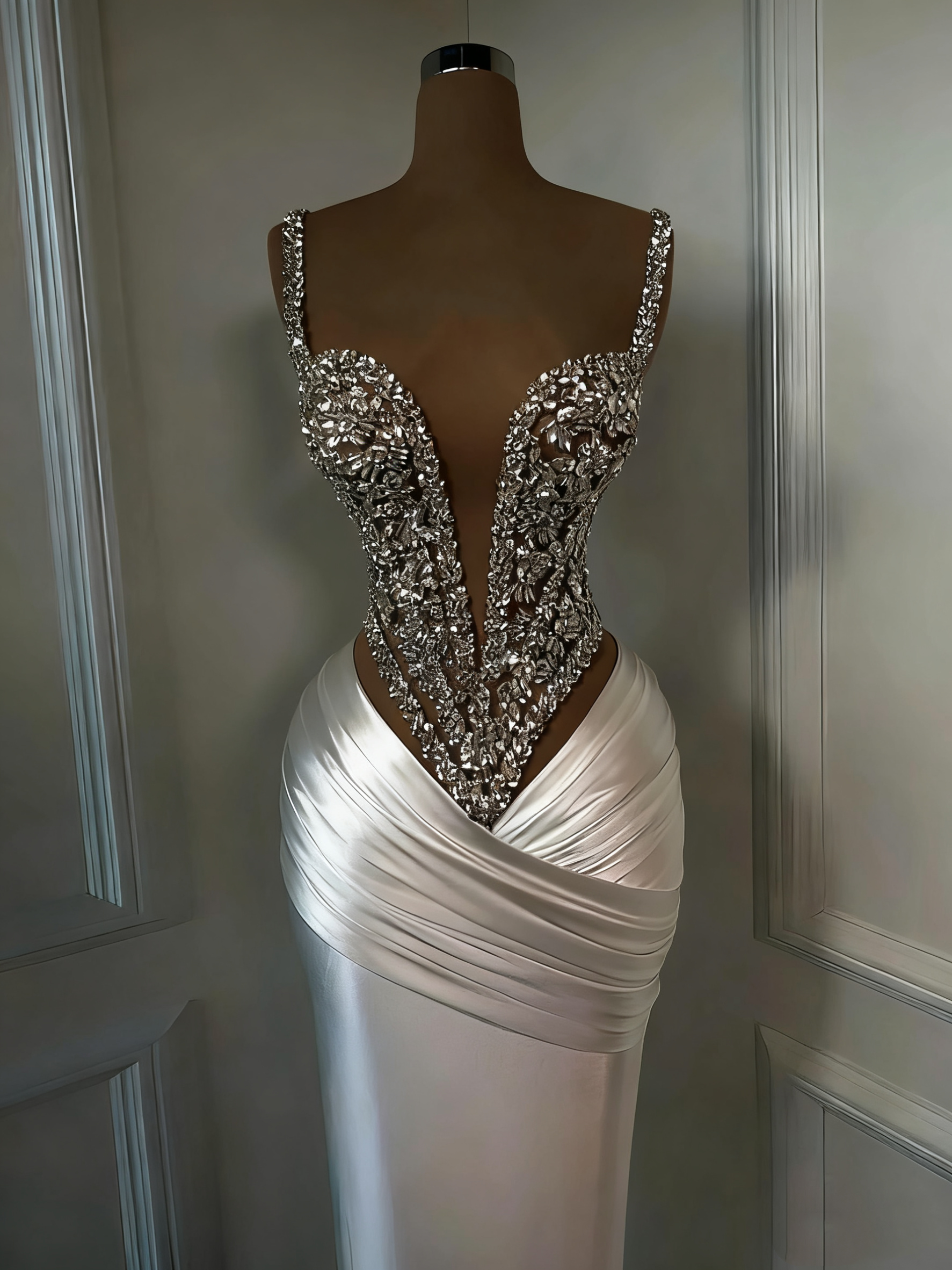 Elegant Spaghetti Straps Evening Dresses Sleeveless Crystal Beaded Mermaid Prom Dress Customized Floor Length Party Gown