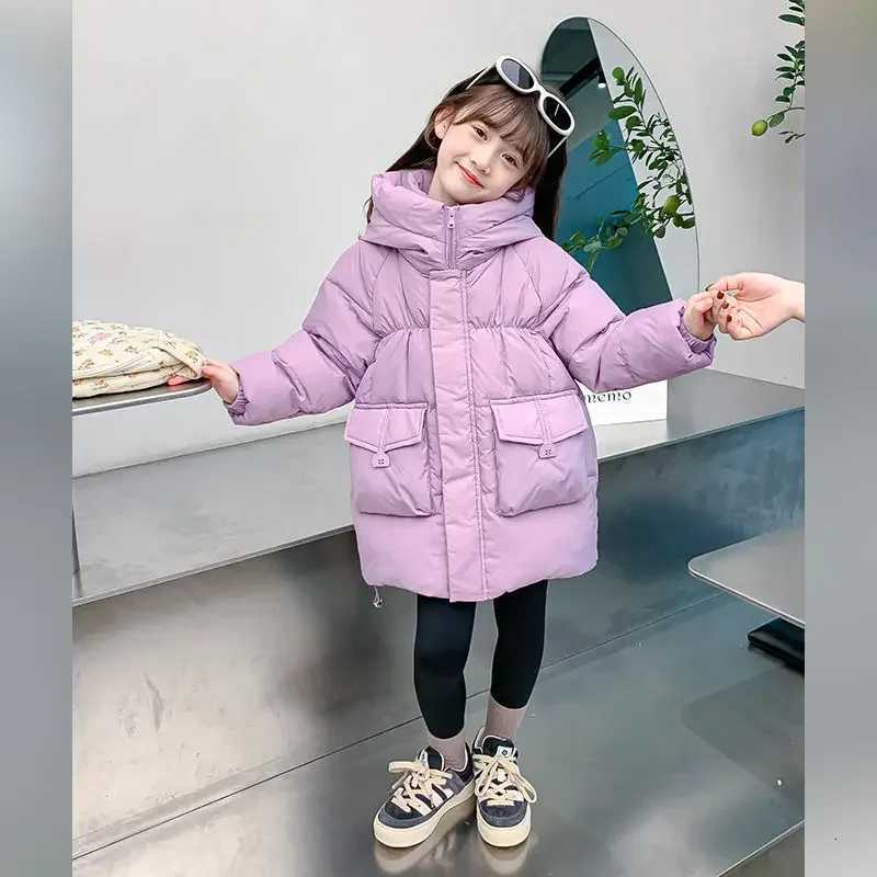 New Winter Girls Jacket Solid Color MidLength Keep Warm Cold Protection Thicken Windproof Snowsuit Children Parka Toddler A49T251016