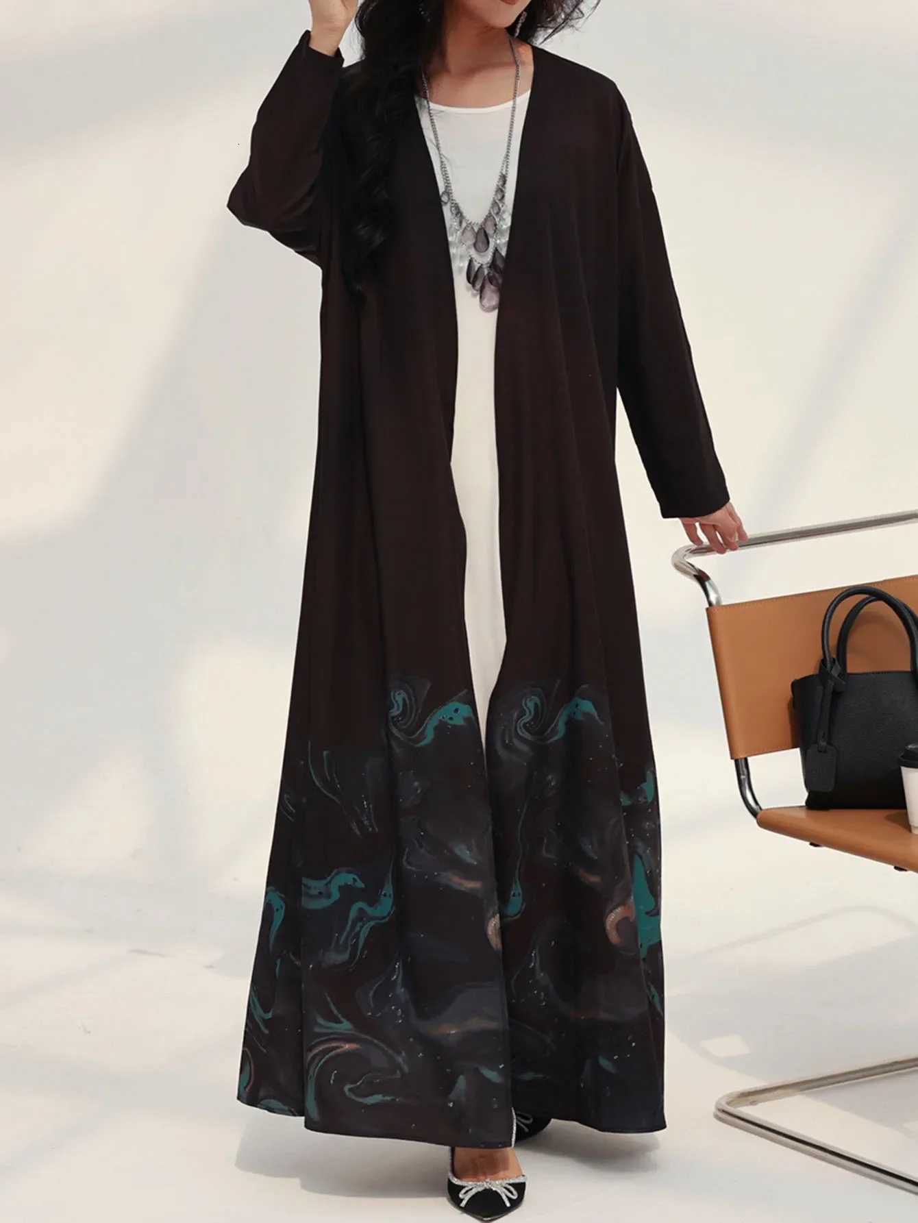 MiddleEast Islamic Open Front Abaya Muslim Full Sleeve Loose Printed Elegant Abayas Turkey Kaftans Women Jilbabs Maxi Dresses X2510161