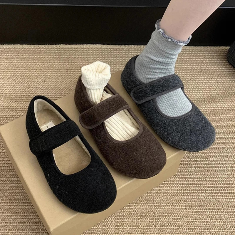 HookLoop Women Wool Mary Janes Lambs Fur Shoes Ladies Round Toe Furry Ballets Flats Female Lana Loafers Winter Cotton Mocasines 251013