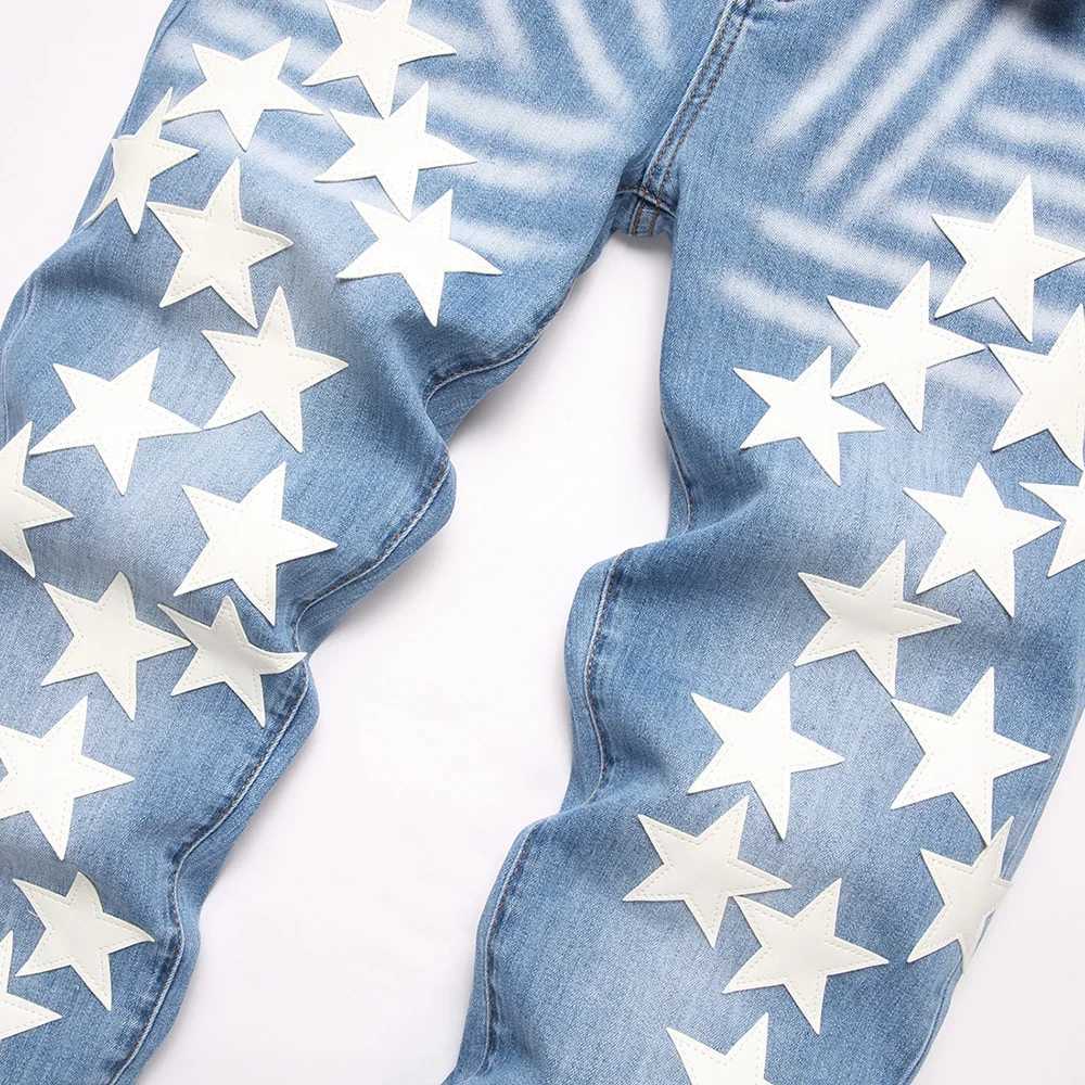 Men Stars Denim Jeans Streetwear Leather Patches Pants Casual Slim Tapered Stretch Trousers J251016
