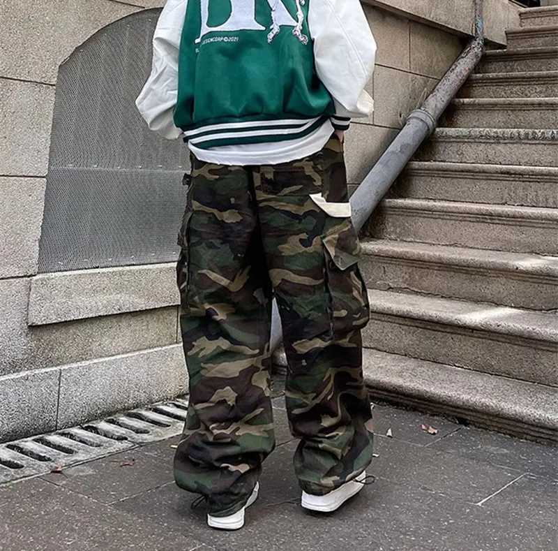 Military Camo Cargo Pants Mens Hip Hop Streetwear Baggy Trousers High Waist Straight Leg Retro Joggers Casual Fashion Trendy J251203