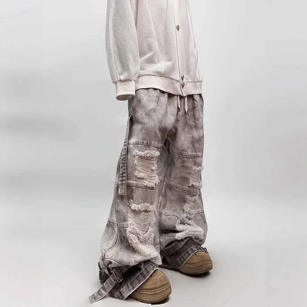 Street Style Tie Dye Ripped Denim Jeans Loose Wide Leg Workwear Trousers for Men Summer 2025 American Retro Casual Jeans J251016