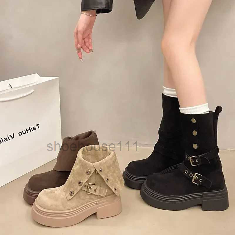 Boots Womens Long Boots 2025 Spring New Style Fashionable Twopiece Lapel Mid Leg Boots Retro Versatile Thick Soled Motorcycle Boots L250905