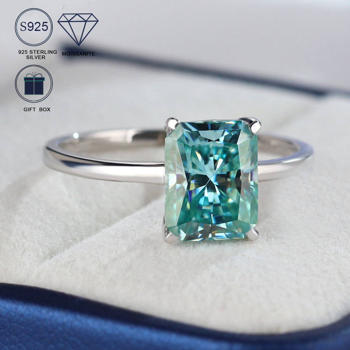 MT 3CT 7x9mm Millimeter Radiant Cut Blue Green and White Moissanite 925 Sterling Silver Ring White Gold Plated Engagement Playing Card Ring High Quali