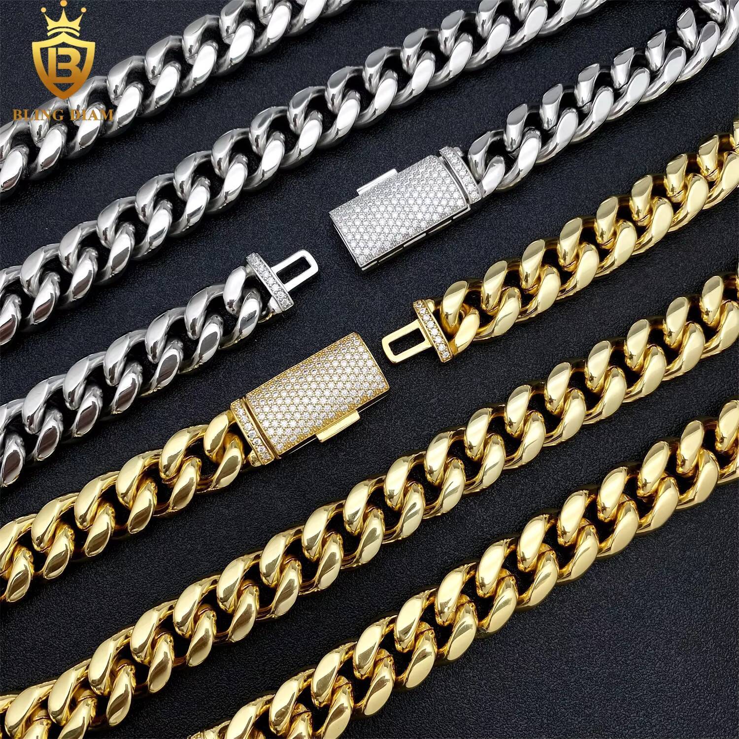 14mm Hip Hop Jewelry Cuban Link Chain 925 Sterling Silver Vvs Moissanite Iced Out Stainless Steel