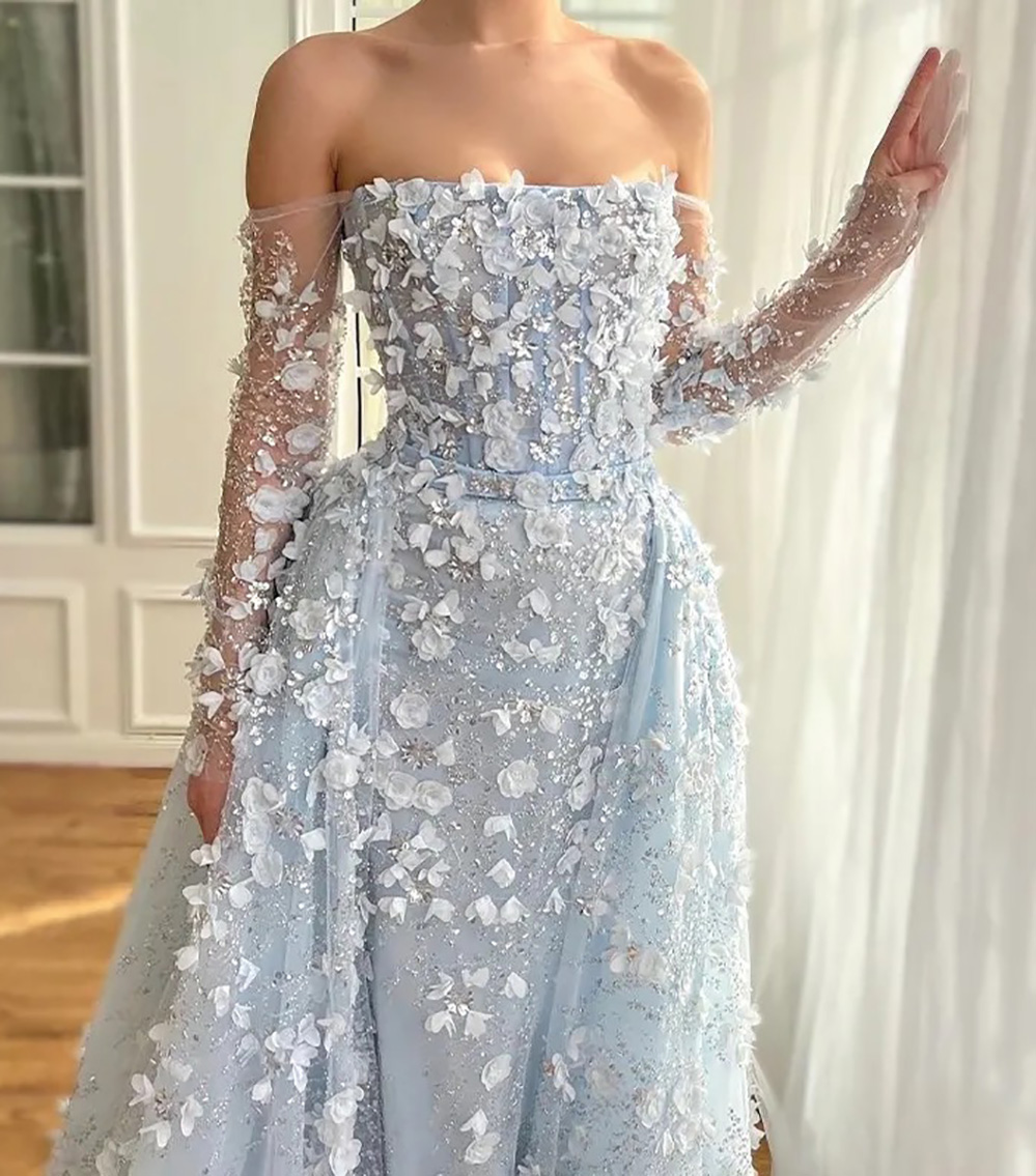Prom Gown Evening Dresses Mermaid Trumpet Graduation Formal Girls Pageant Long Sleeve Bateau Lavender Light Blue Pink 3D Floral Appliques Sequins Lace