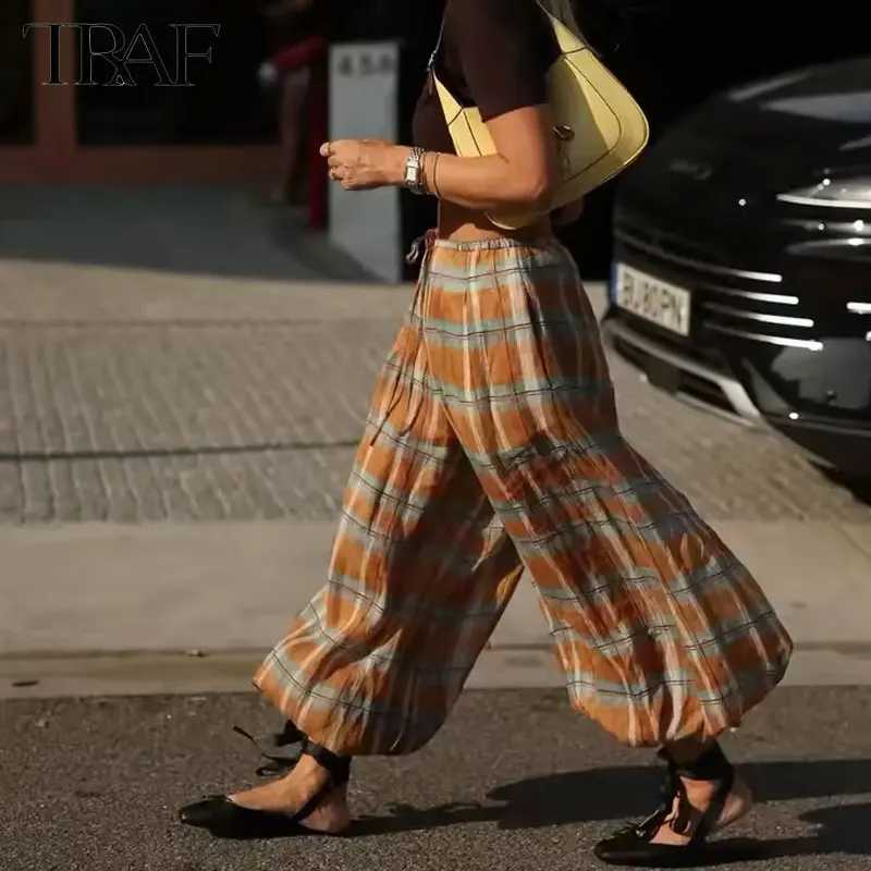 2025 Womens Pants Check Balloon Trousers for Woman MidRise Elasticated Drstring Waistband Loose Comfort Casual Pants W251015