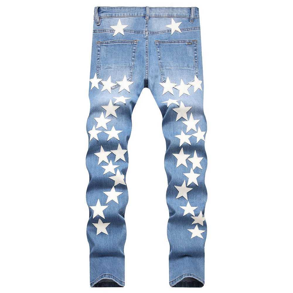 Men Stars Denim Jeans Streetwear Leather Patches Pants Casual Slim Tapered Stretch Trousers J251016