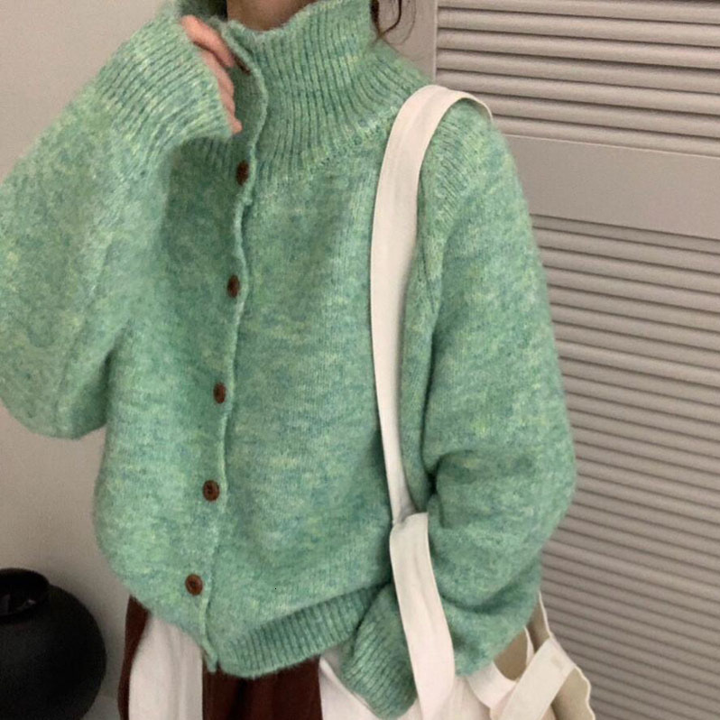 Korean Style Stand Collar High Neck Sweater Coat for Women Soft and Cozy Top for Autumn and Winter Loose and Lazy Knitted Cardigan for Outerwear 25082