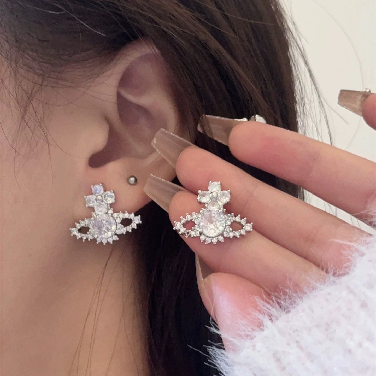 Designer Earring Saturn Star Srud Earrings With Zircon Diamond 925 Silver Needle Earrings for Women Earbone Clip Simple Fashion Gift Jewelry