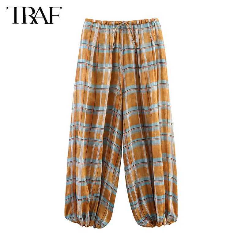 2025 Womens Pants Check Balloon Trousers for Woman MidRise Elasticated Drstring Waistband Loose Comfort Casual Pants W251015