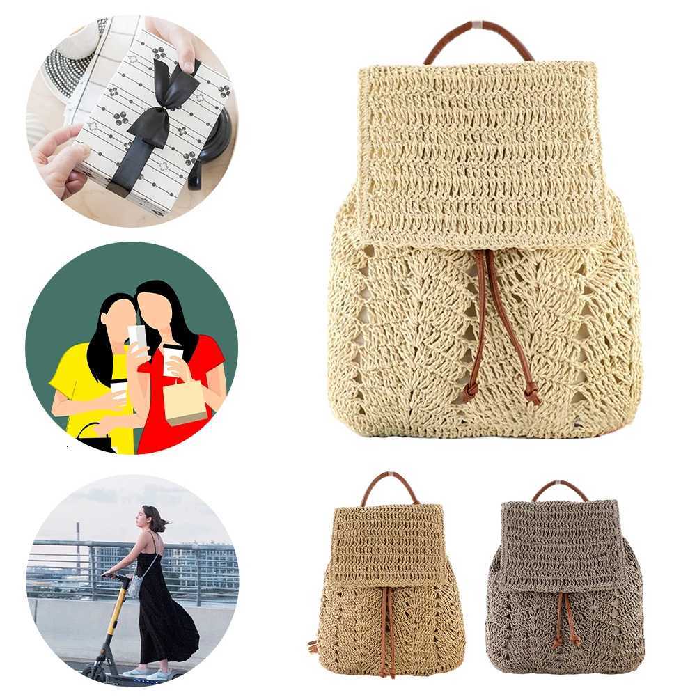 Woven Straw Beach Drawstring Backpack for Women Crochet Shoulder Backpack Flap Drawstring Shoulders Bag for Summer VacationT251016