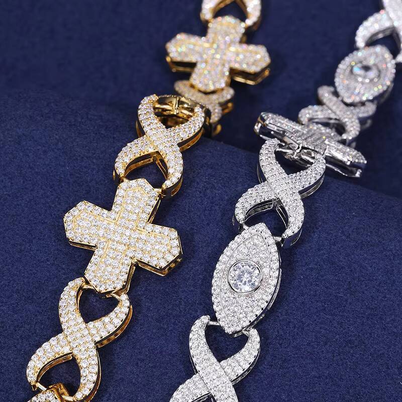 Hip Hop Jewelry Men White Gold Plated 12mm 925 Sterling Silver Paved Iced Out Moissanite Cross Evil Eye Cuban Link Chain