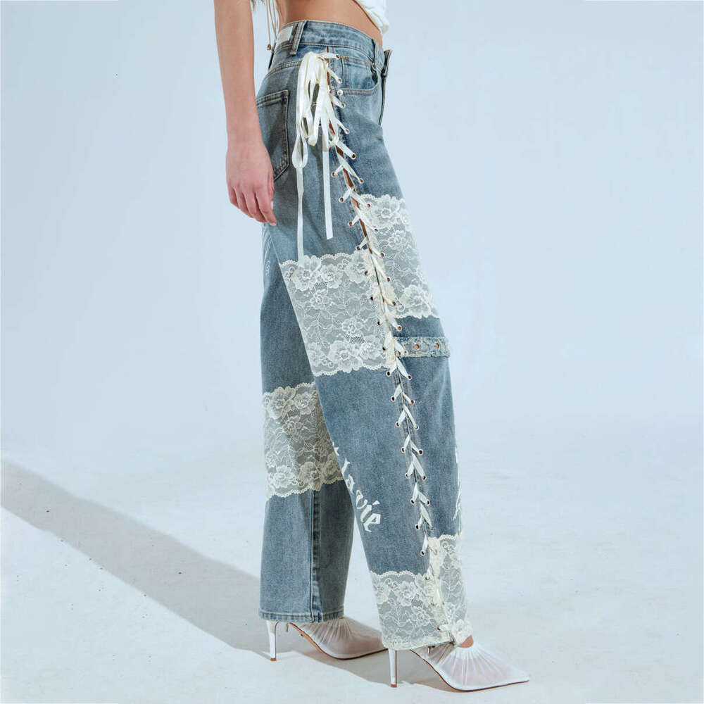 American High Street Hot Girl Low Waist Jeans Lace Stitching Design Sense Trendy Personality Straight Long Pants Women Spring B5