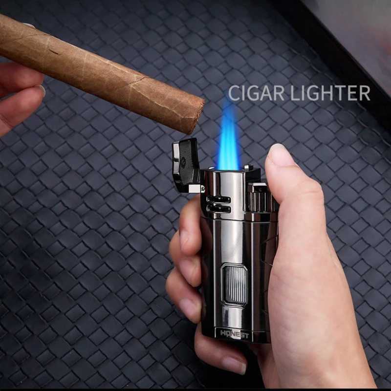 HONEST Metal Multifunctional Outdoor Windproof Butane Gas Lighter Turbo 3 Torch Blue Flame Straight Cigar Lighter Mens Gift C251016