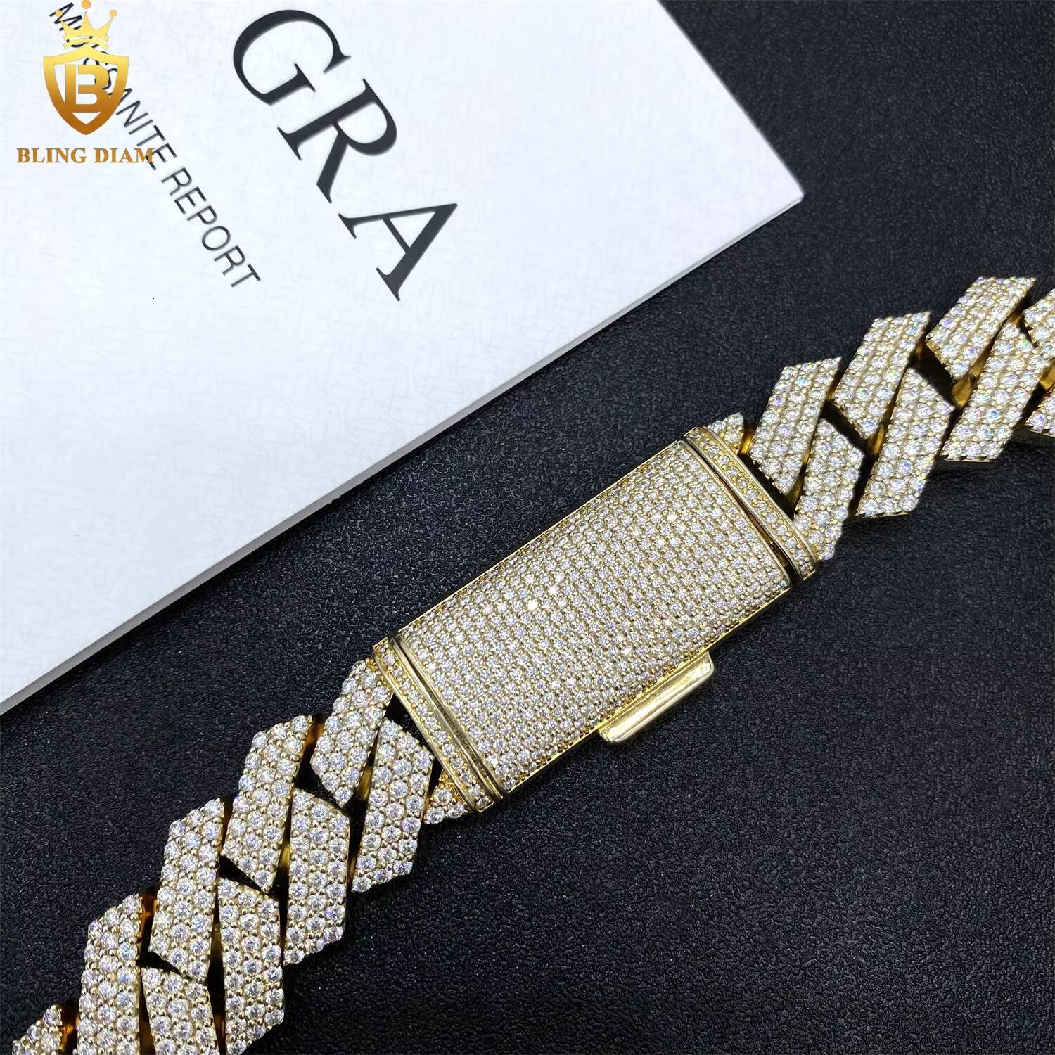 20mm Gold Plated Miami Hip Hop Jewelry Cuban Link Chain 925 Silver 3 Rows Moissanite Iced Out Pass Diamond Tester