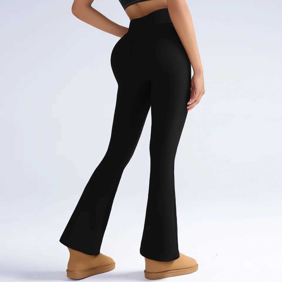 Women FallWinter VWaisted Fleece Keep Warm Tight Fitting Flared Pants Slim Leg Long Black LeggingsT251016