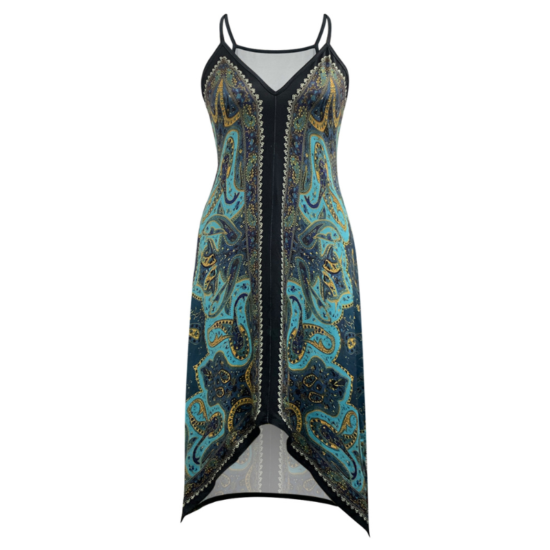 Women's Plus Size Vintage Beach Vacation Deep V Neck Spaghetti Strap Irregular Design Milk Silk Midi Dress - Mixed Color-YL25376