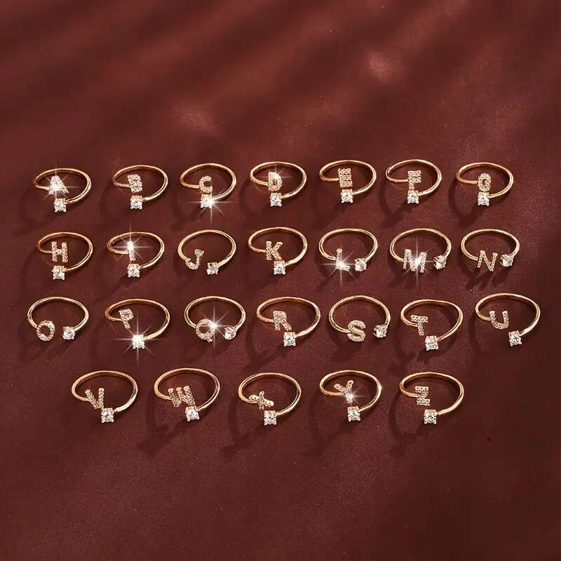 TEMU Hot Selling 26 English Letters Micro Paved Zircon Fashion Women's Ring Copper Plated 14K Adjustable Plain Band ddmypluto