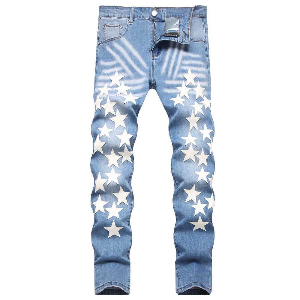 Men Stars Denim Jeans Streetwear Leather Patches Pants Casual Slim Tapered Stretch Trousers J251016