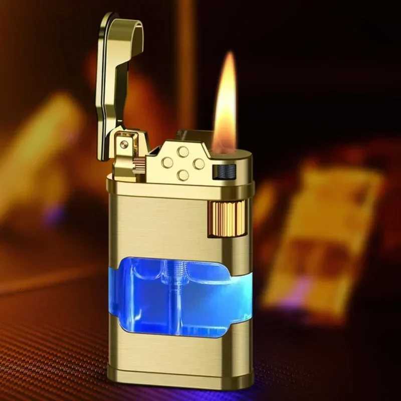 Metal Transparent Windproof Butane Gas Torch Lighter Classic Grinding Wheel Ignition Turbo Jet Blue Flame Cigar Lighters Gadgets C251016