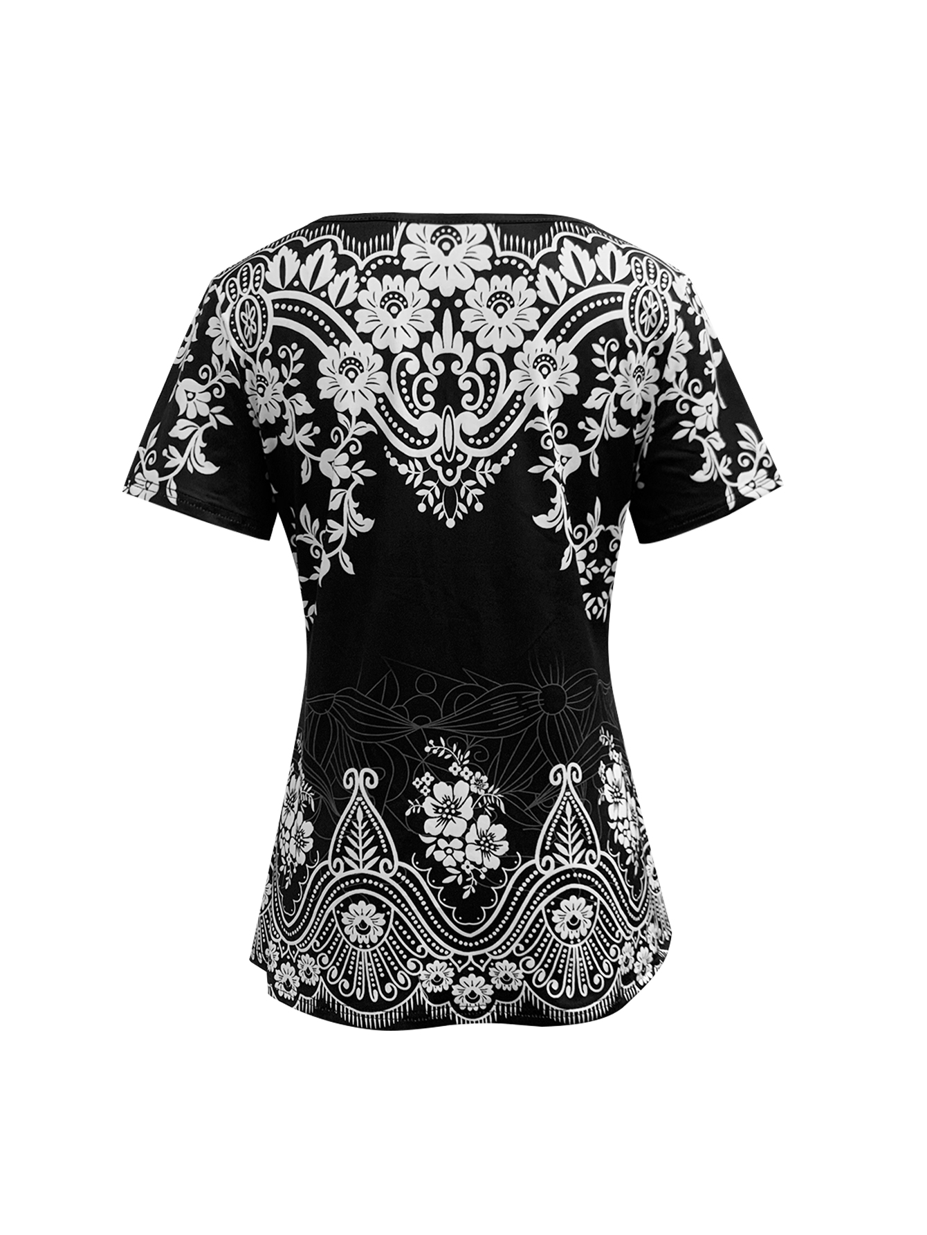 Women's Summer Fashion Vacation Floral Printed V-Neck Short Sleeve Milk Silk T-Shirt - Black-CF50614