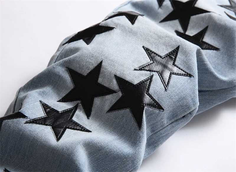Mens high street new ripped stars patch jeans man fashion slim feet full of stars stretch jeans male trend w873 J251016