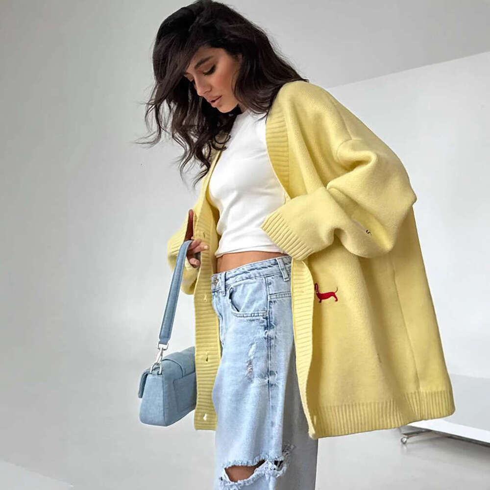 Early Autumn Dachshund Dog Embroidered Sweater Cardigan Loose Versatile V-Neck Long Sleeve Coat Lazy Style Fashion New Women's Clothing B5