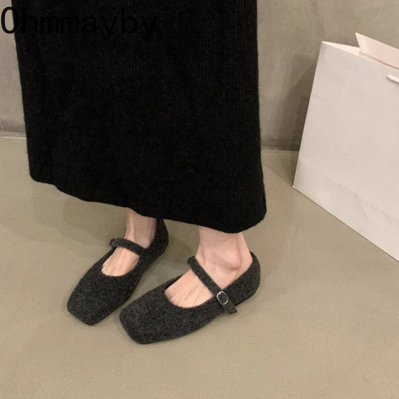 Autumn Woolen Fur Women Cotton Flats Shoes Concise Outdoor Soft Sole Shoes Ladies Comfort Square Toe Warm Mary Jane Shoes 251013