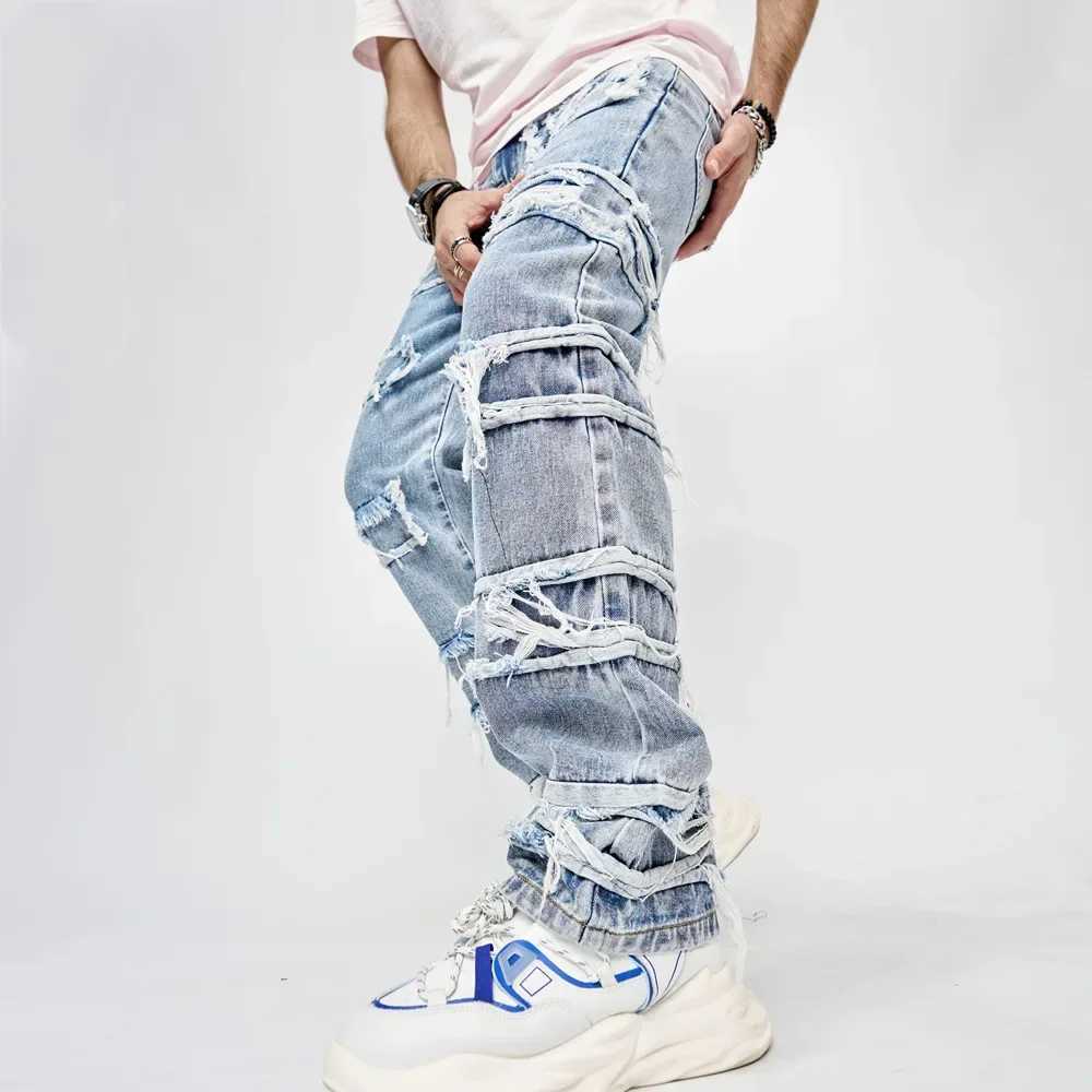 Distressed Spliced Wide Leg Jeans Men Denim Ankle Length Pants High Waist Pockets Loose Fit Vintage Washed 2025 Punk Style pants J251016
