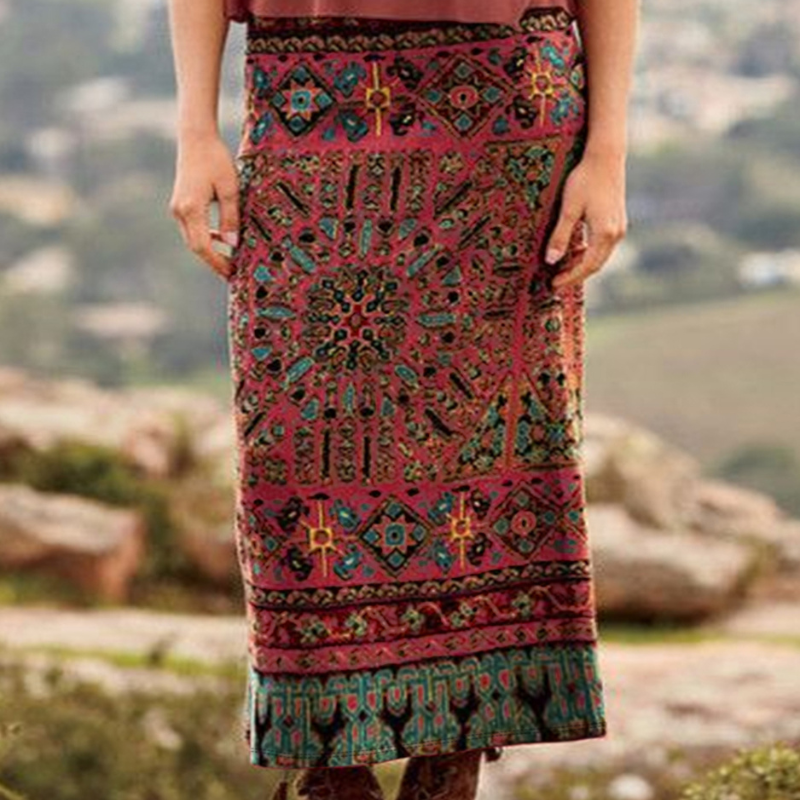 Women's Spring Summer New Ethnic Style Plus Size Midi Skirt - Brick Red Milk Silk Fashion Versatile Skirt-YL24023