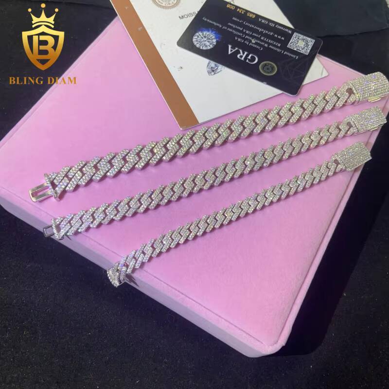 Fashion Cuban Moissanite 1015mm Link Chain VVS1 Iced Out Moissanite Diamond NecklaceBracelet 925 Silver Past Diamond Test