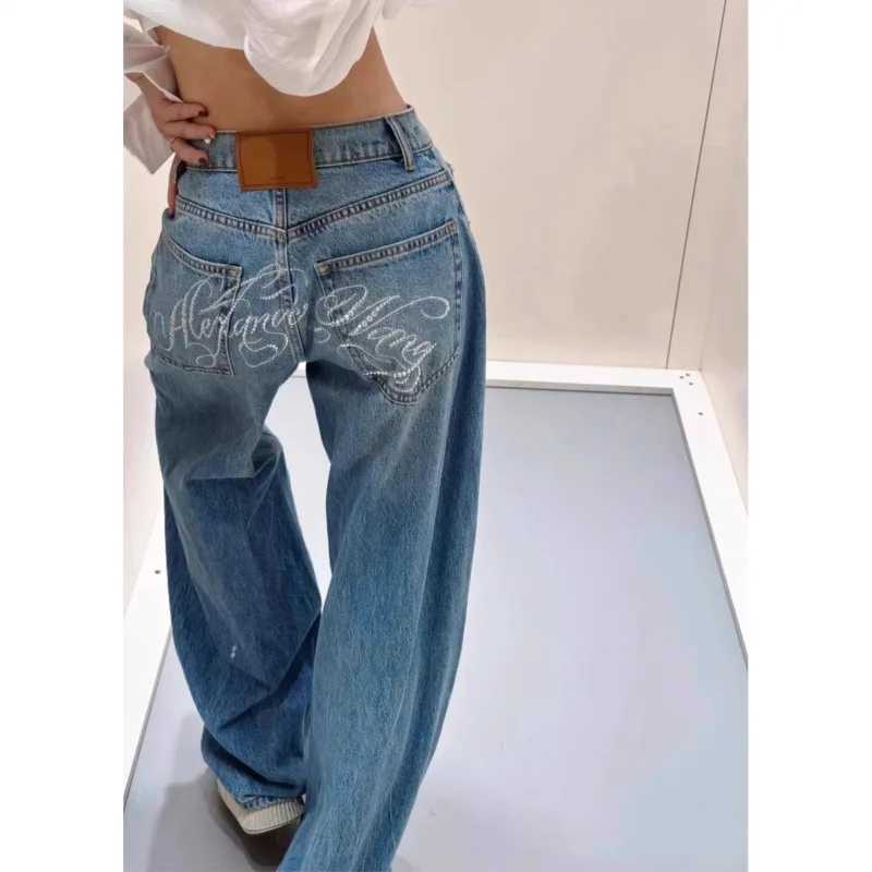 Women Jeans Spliced Straight Pants Jean Denim Washed Full Length Pants Loose Pockets High Waist Zipper Fly Distressed Basics W251015