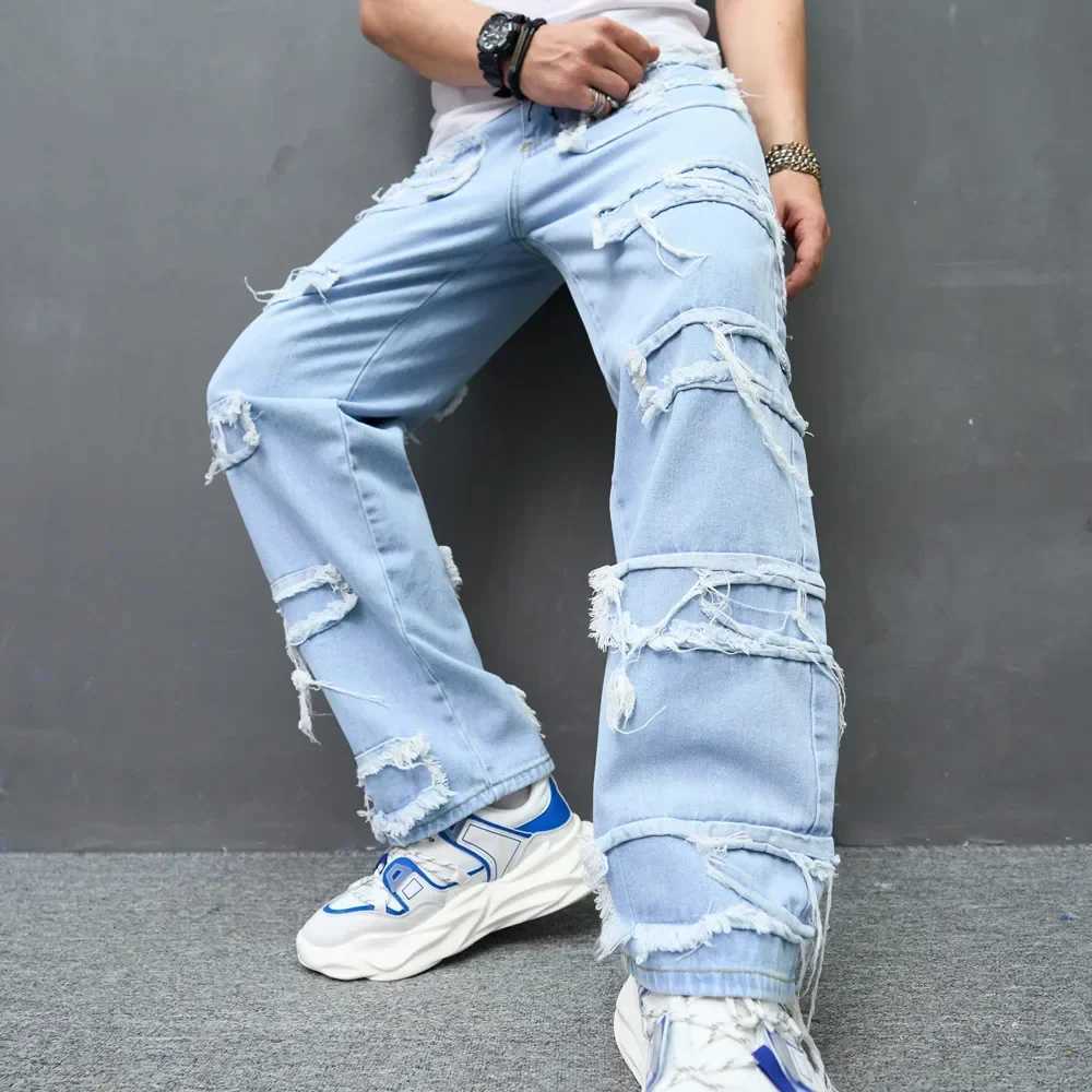 Distressed Spliced Wide Leg Jeans Men Denim Ankle Length Pants High Waist Pockets Loose Fit Vintage Washed 2025 Punk Style pants J251016