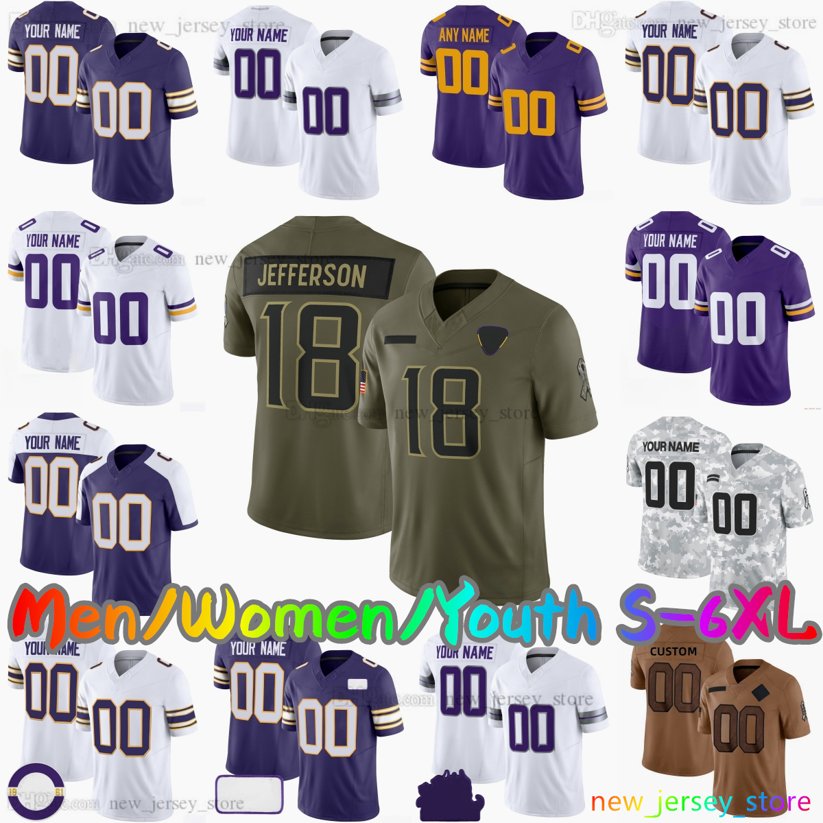 2025 Custom S-6XL DIY 87 TJ Hockenson Football Jersey 18 Justin Jefferson 9 JJ McCarthy 33 Aaron Jones 22 Harrison Smith 15 Dallas Turner Adam Thielen Stitched Jerseys