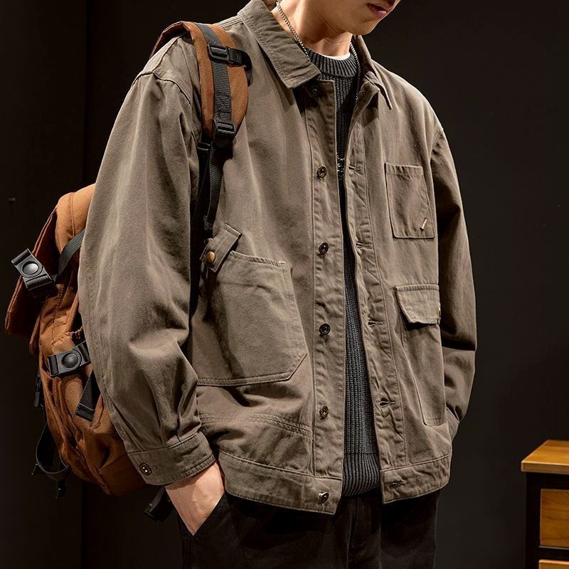 High-end work wear jacket for men, spring and autumn trendy brand, loose American retro lapel jacket, casual and cool denim
