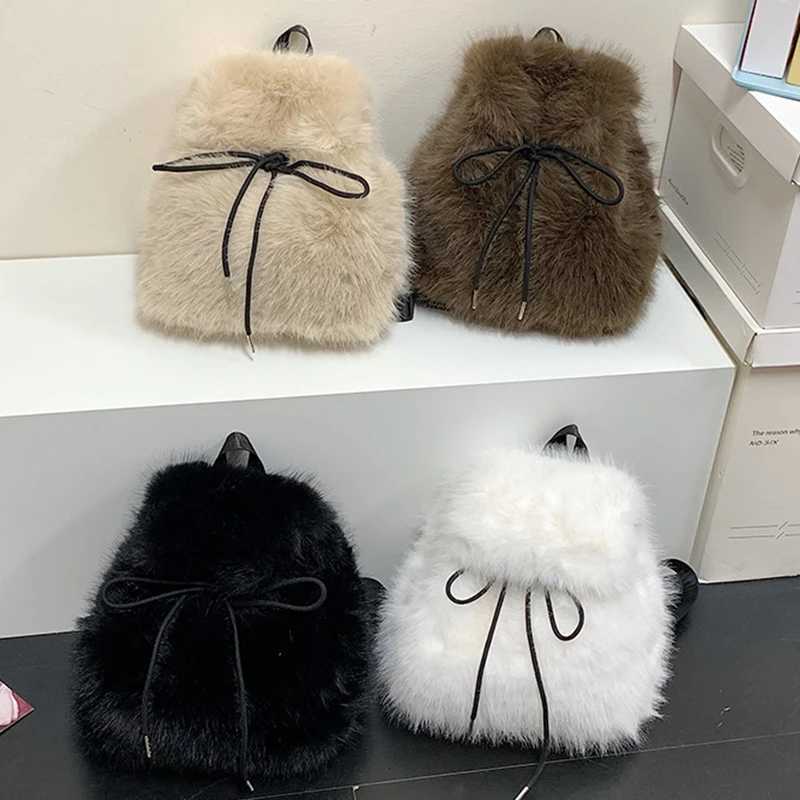 Winter Soft Plush Womens Backpack Solid Color Luxury Fake Fur Shoulder Handbag Fashionable Ladies Schoolbag for FemalesT251016