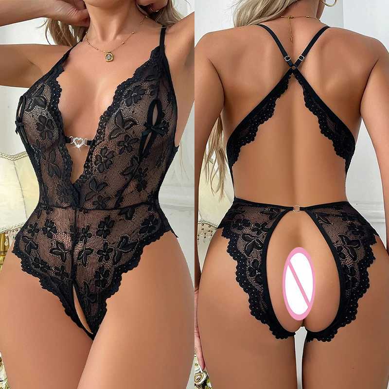 Super Hot Crotchless Lingerie Women Lace Erotic Bodysuit Sexy Outfit See Through Babydoll Dress Deep V Open Bra Porn Underwear W251016