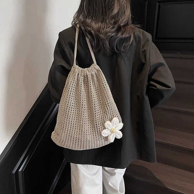 Solid Color Knitting Shoulder Bag Large Capacity Bohemian Crochet Backpack Hollow Out Versatile Beach Travel Tote Bag For WomenT251016