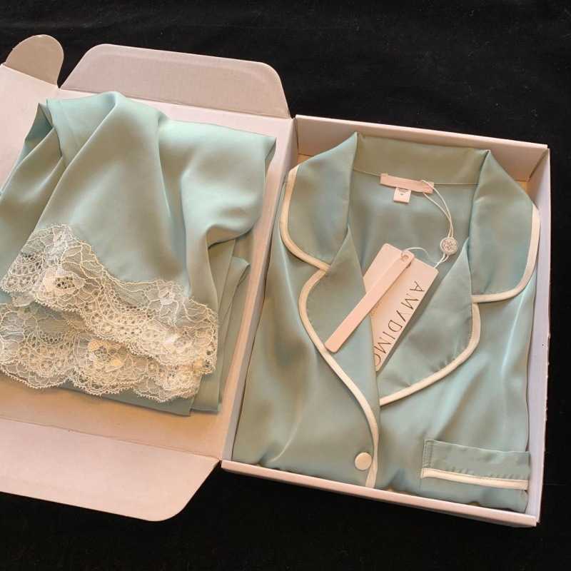 Fashionable home wear 2025 Womens Pajamas Autumn Long Sleeve Ice Silk Korean Pajamas Korean Version Light Luxury Lace Imitation Silk Thin Homewear Set