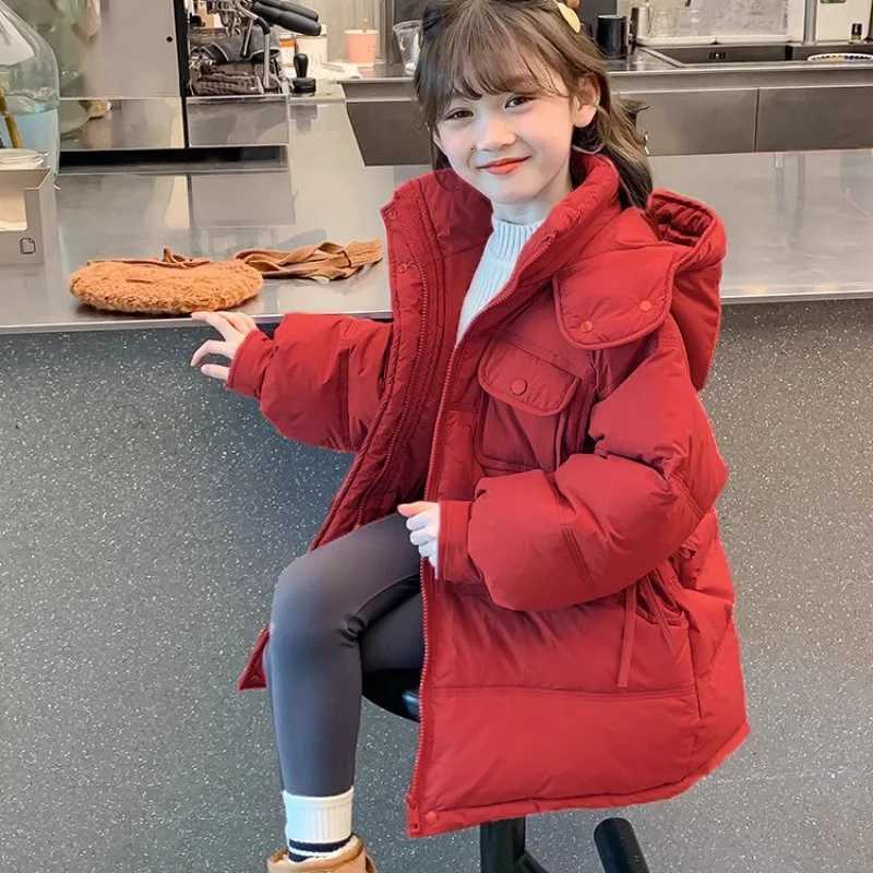 Winter Warm Girls Cotton Long Plain Hooded Zip Drawstring Puff Jackets School Kids Thick Coats Child Outfits Windbreaker 516 YrT251016
