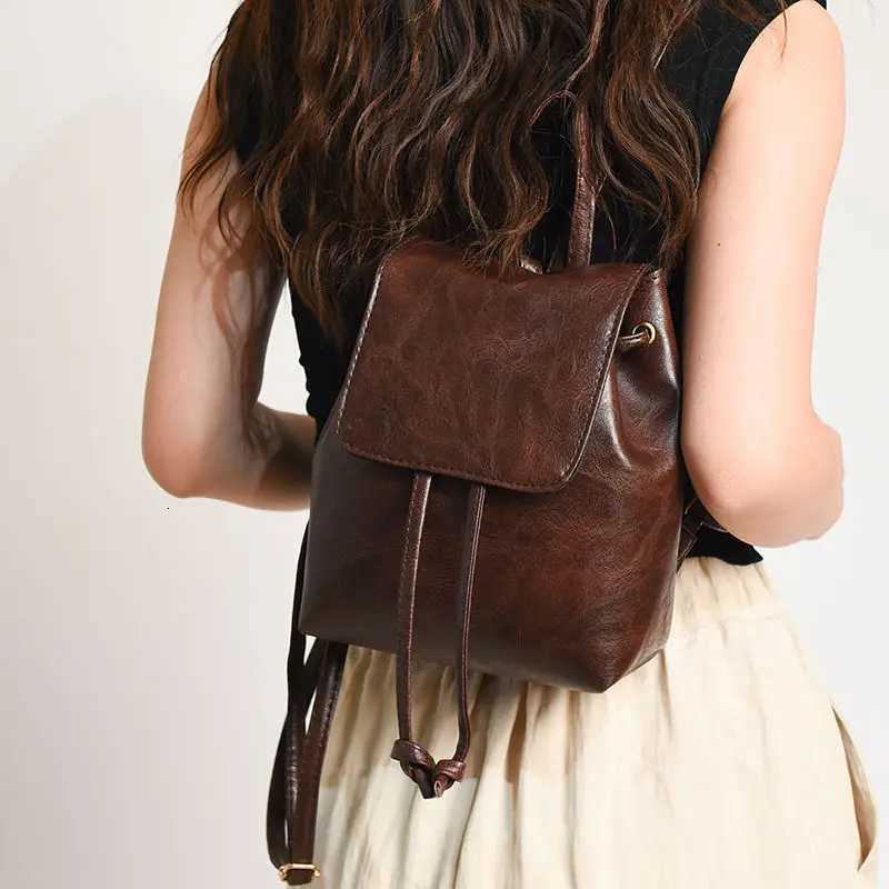 2025 Now Small Drawstring Flap Backpack Women Mini PU Leather Textured School Backpack Fashion Travel Commuter Bag Girl BakpacksT251016