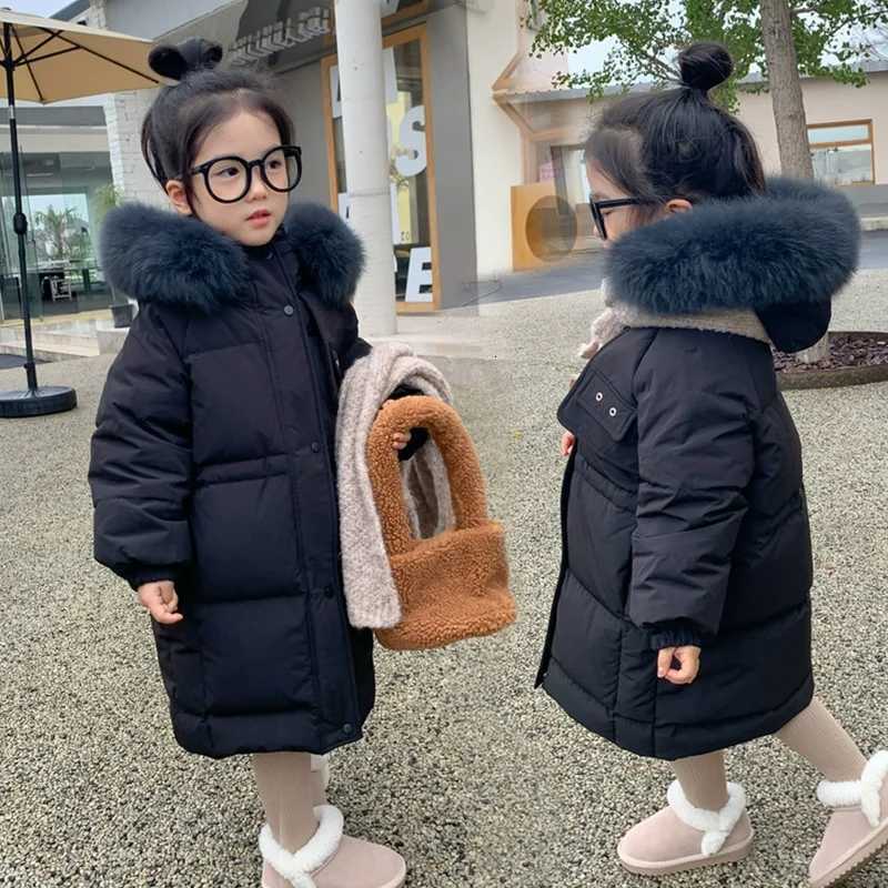 Children Cottonpadded Clothes Medium Long Outerwear 2025 Winter Kid Girls Warm Windproof Big Fur Collar Hooded Parka CoatT251016